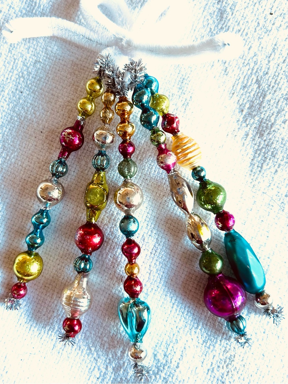 Mini Vintage Repurposed  holiday Christmas ornaments, mercury Glass bead icicle